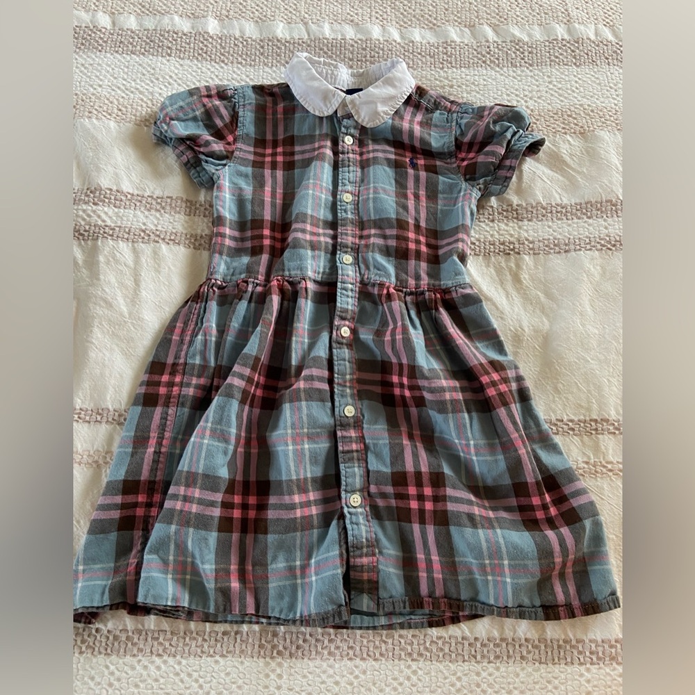 Girls Blue & Pink Plaid Button-Front Dress with White Collar